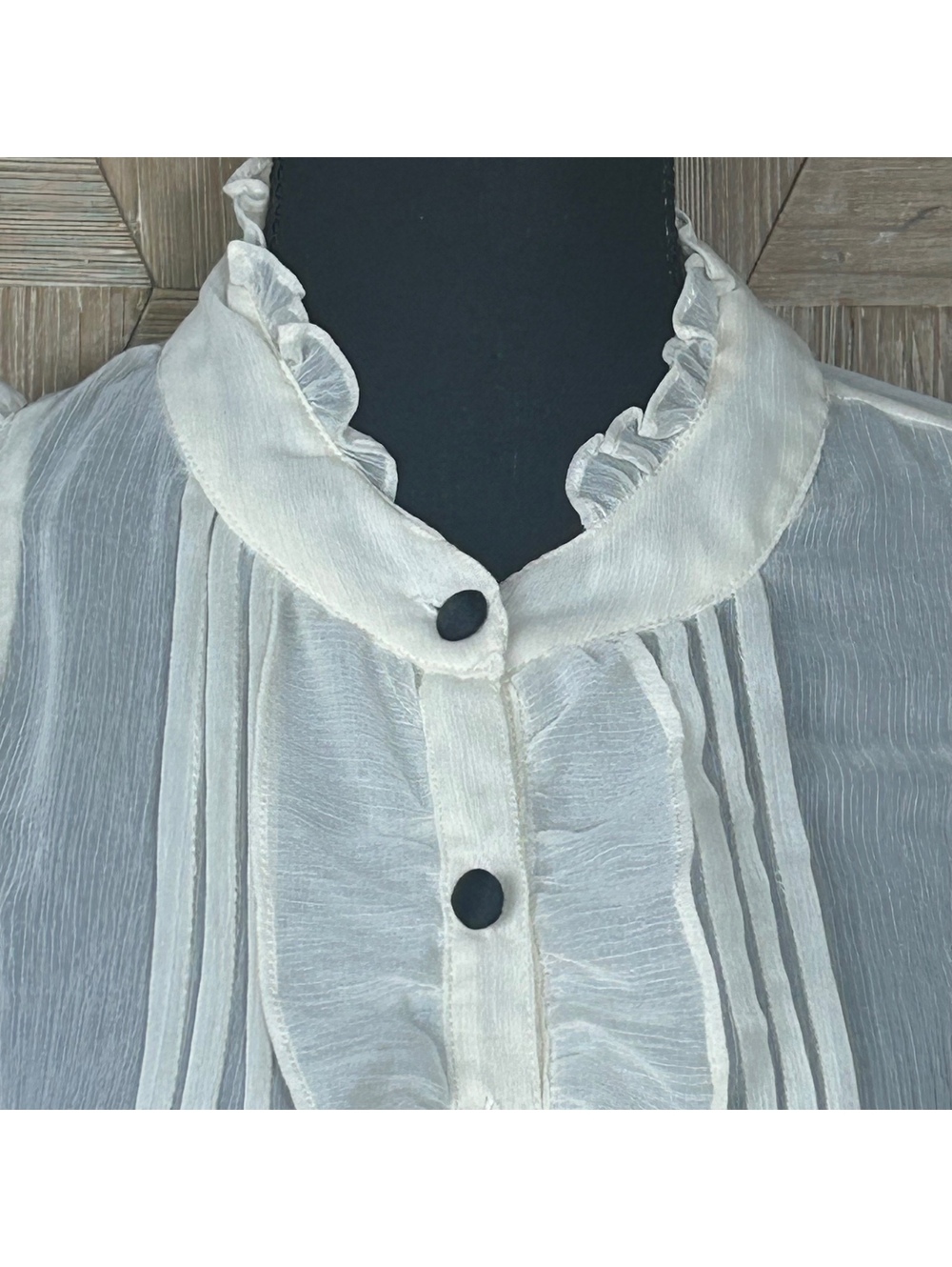 Vintage Dimri Coquette Cream Ruffle Tuxedo Blouse Large Black Satin Sash Belt - Picture 2 of 9